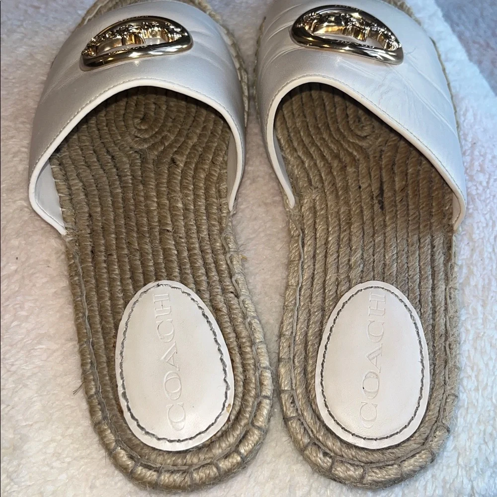 Coach Women's Cream Espadrille Slides with Gold Accent